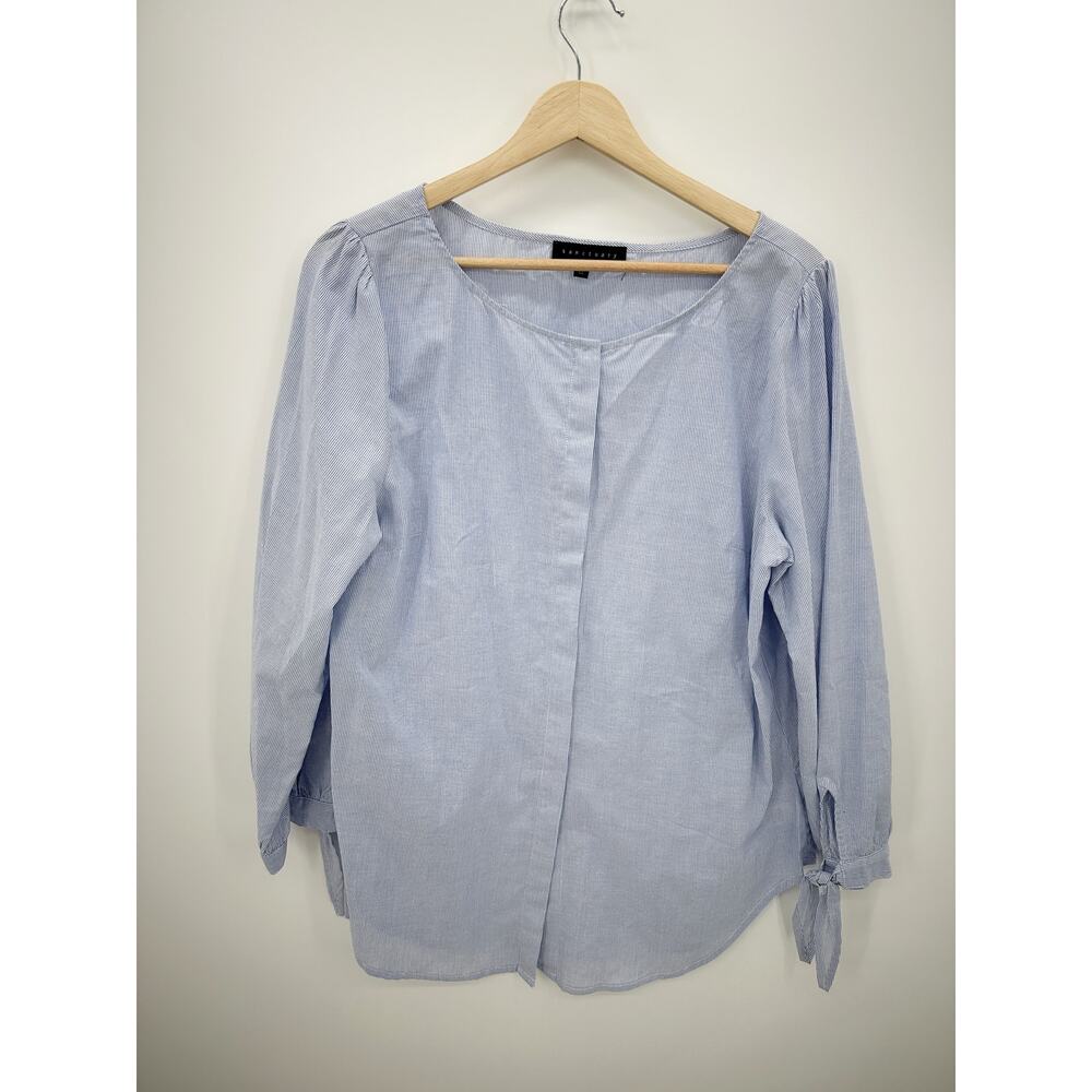 Sanctuary‎ Blouse Women XL Blue Pinstripe Hidden Button Down Shirt Tie Sleeve